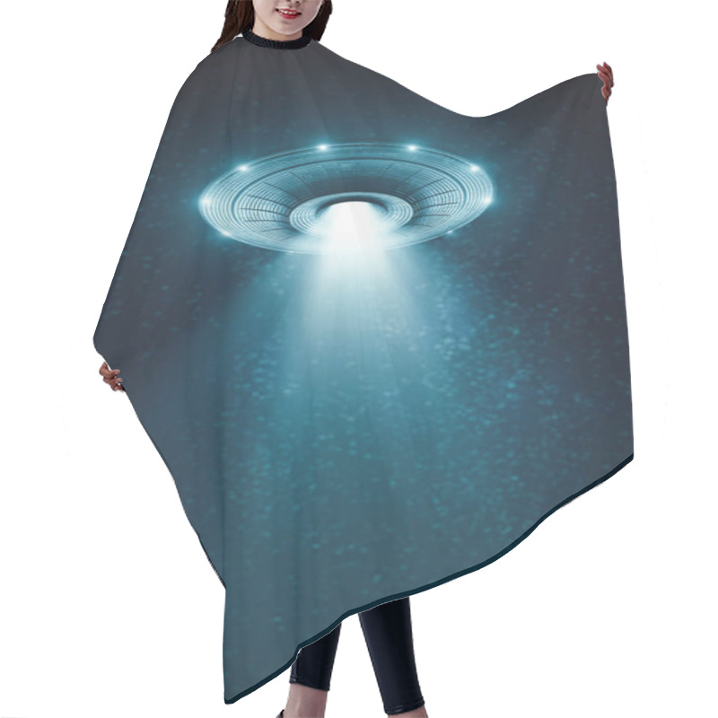 Personality  Unidentified Flying Object At Night With Fog And A Light Below, Supposed Tractor Beam. 3D Illustration. Hair Cutting Cape