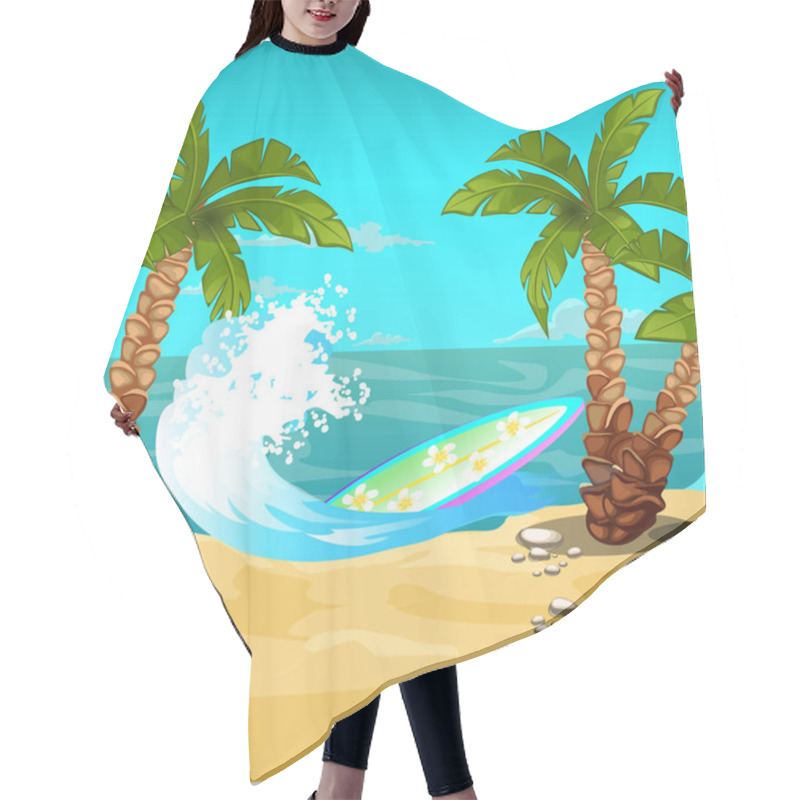 Personality  Tropical Beach. Surfboard. Vector Cartoon Close-up Illustration. Hair Cutting Cape