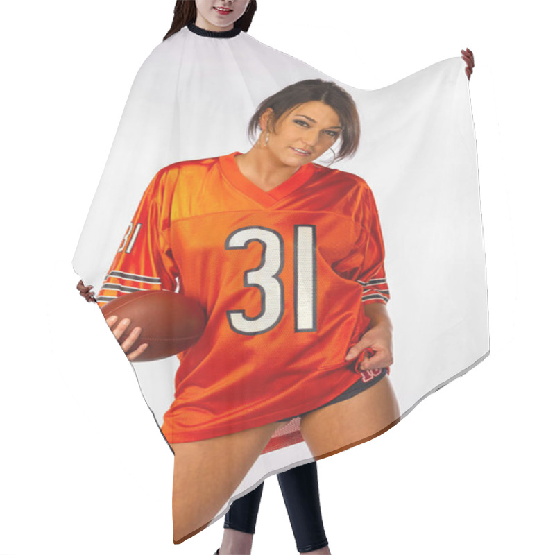 Personality  A Gorgeous, Vibrant Brunette Model Proudly Dons Her Favorite Football Jersey, Exuding Energy And Excitement As She Shows Unwavering Support For Her Team Ahead Of The Big Game. Hair Cutting Cape