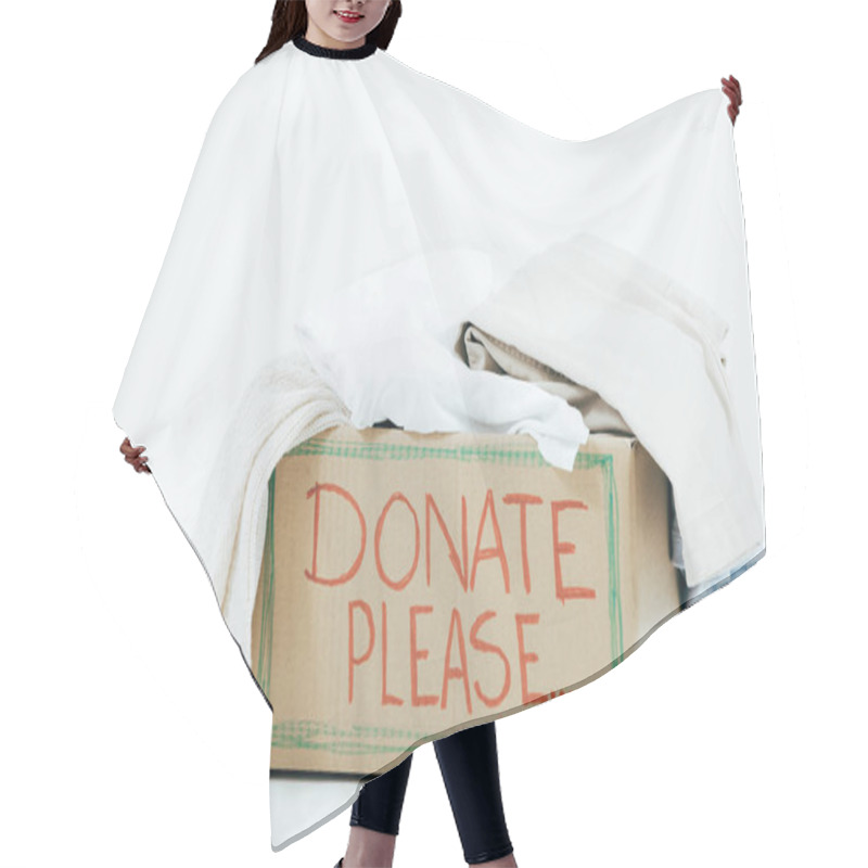 Personality  Cardboard Box With Inscription And Donated Clothes On White Hair Cutting Cape