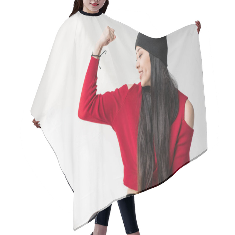 Personality  Asian Woman Gesturing Hair Cutting Cape