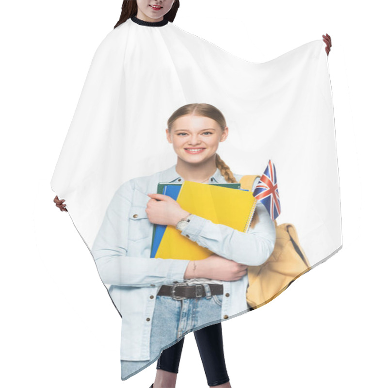 Personality  Smiling Girl With Backpack Holding Copybooks And Uk Flag Isolated On White Hair Cutting Cape