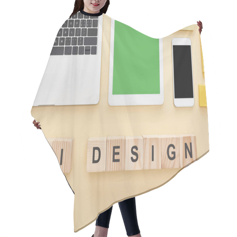 Personality  Flat Lay With Gadgets And Wooden Blocks With Ui Design Lettering On Yellow Background Hair Cutting Cape