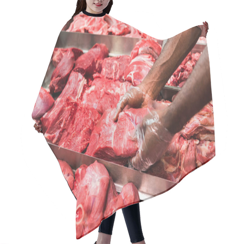 Personality  Cropped Image Of Male Shop Assistant Taking Raw Meat In Supermarket  Hair Cutting Cape