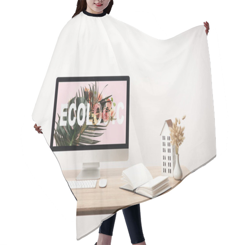 Personality  Computer With Green Leaf And Ecologic Lettering On Monitor On Wooden Desk Hair Cutting Cape