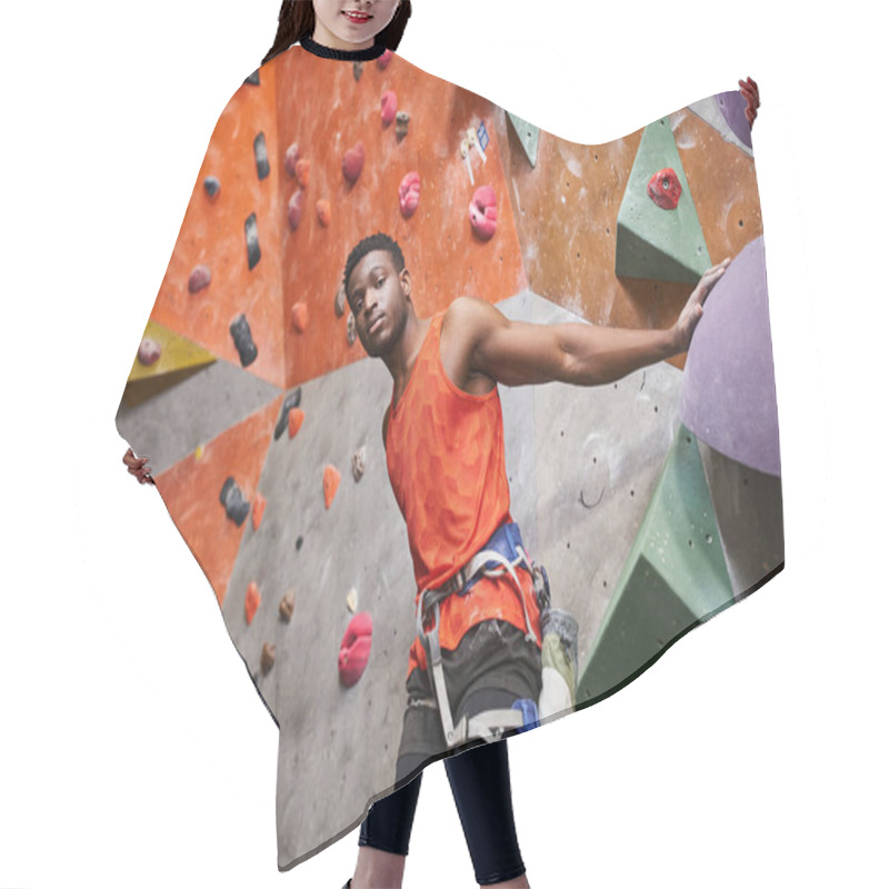 Personality  Athletic African American Male Model With Alpine Harness Posing Next To Rock Climbing Wall Hair Cutting Cape