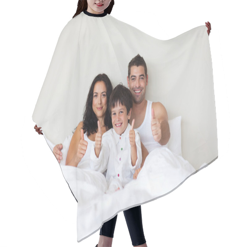 Personality  Little Boy With Thumbs Up And His Parents In Bed Hair Cutting Cape