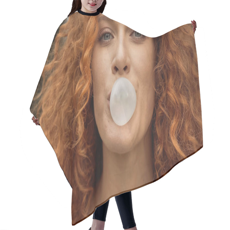 Personality  Close Up View Of Curly Woman Blowing Bubble Gum  Hair Cutting Cape