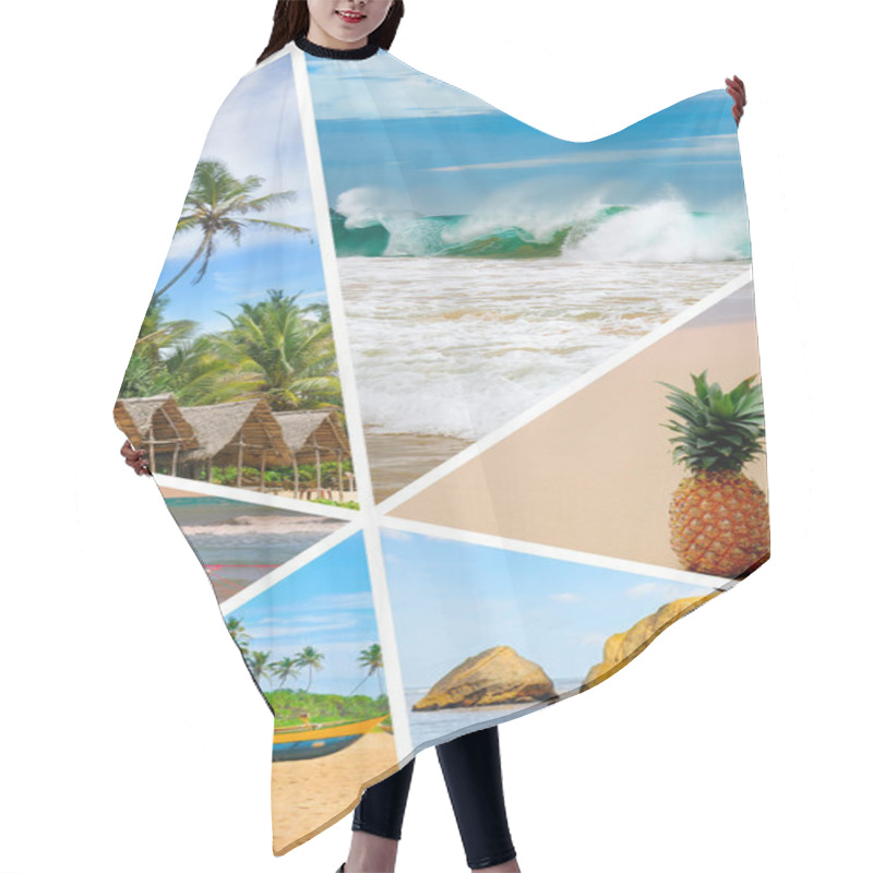 Personality  Photo Collage Of Tropical Landscapes Located In Mosaic. Concept - Vacation And Travel. Vertical Photo. Hair Cutting Cape