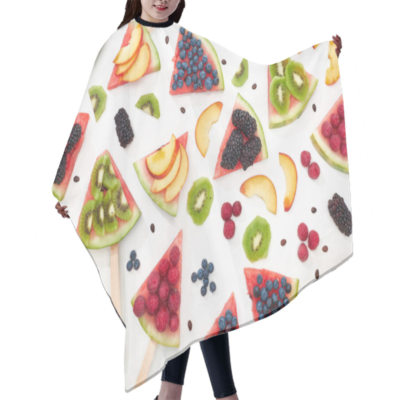 Personality  Pattern With Delicious Juicy Watermelon On Sticks With Seasonal Berries And Fruits Hair Cutting Cape