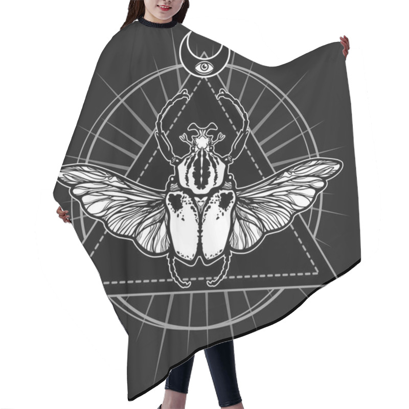 Personality  Winged Bug. Esoteric Symbol, Sacred Geometry. Sign Of The Moon. Monochrome Drawing Isolated On A Black Background. Vector Illustration. Print, Posters, T-shirt, Textiles. Hair Cutting Cape