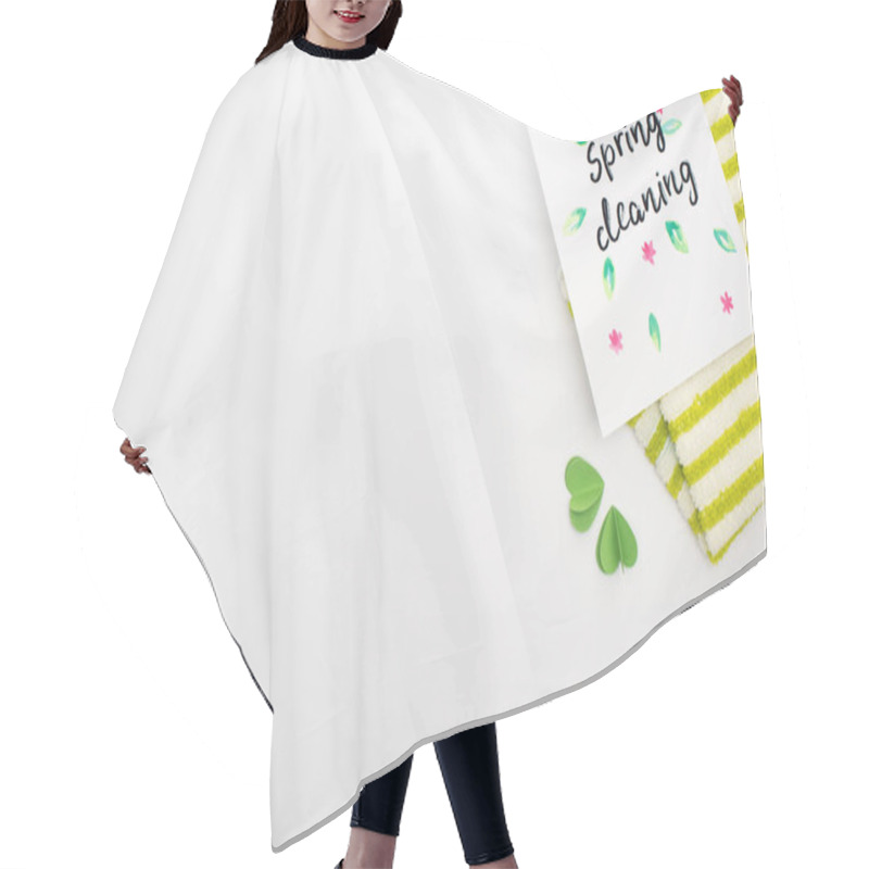 Personality  Top View Of Green Rag With Hearts Near Spring Cleaning Card On White Background Hair Cutting Cape