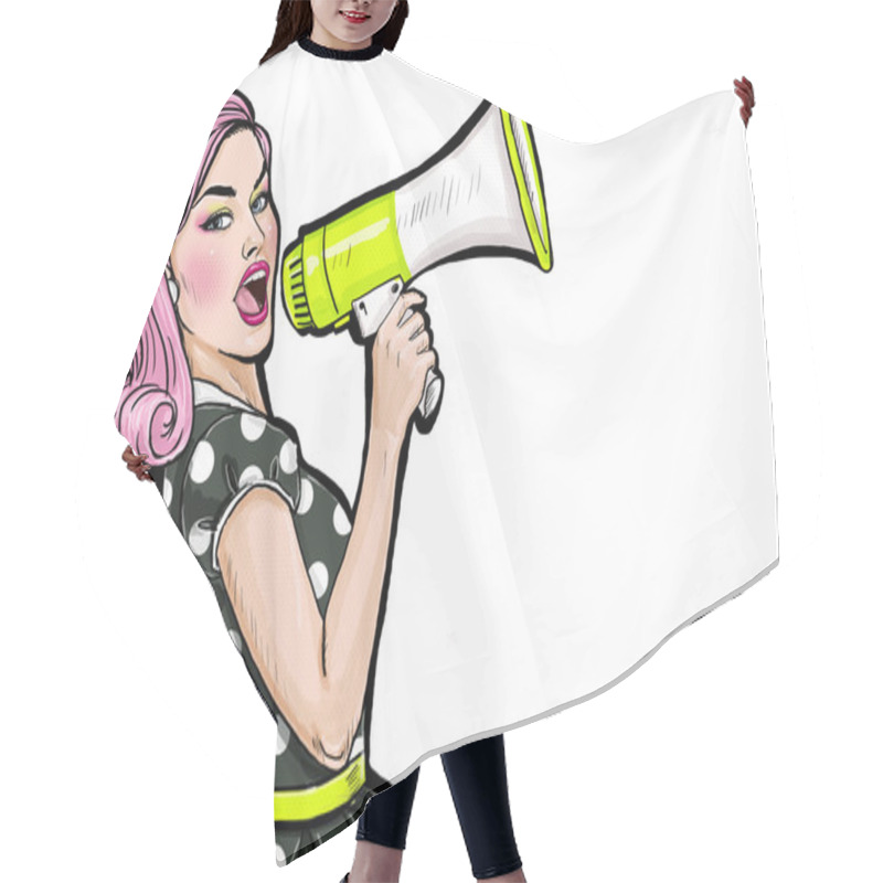 Personality  Pop Art Girl With Megaphone. Woman With Loudspeaker. Girl Announcing Discount Or Sale. Shopping Time. Protest, Meeting, Feminism, Woman Rights, Woman Protest, Girl Power. Hair Cutting Cape