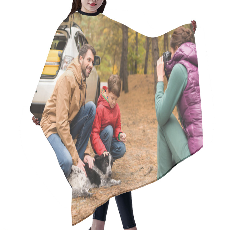 Personality  Happy Family Playing With Dog In Forest Hair Cutting Cape