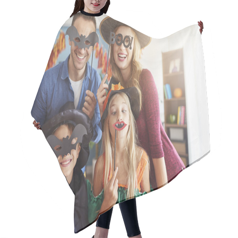 Personality  Family Having Fun At Halloween Party  Hair Cutting Cape