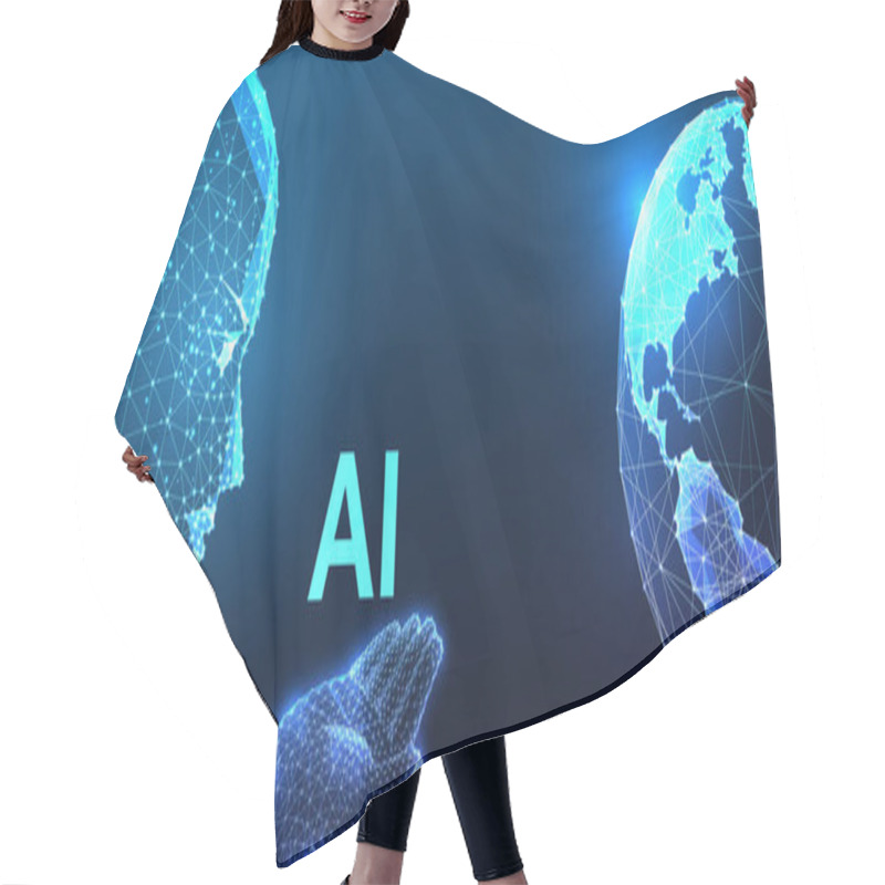 Personality  AI Concept Featuring Digital Human Head Interacting With Glowing Earth On Dark Blue Background. Artificial Intelligence, Global Connection, And Future Technology. Futuristic Style Vector Illustration. Hair Cutting Cape