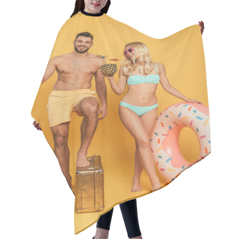 Personality  Happy Girl With Inflatable Ring And Pineapple With Cocktail, And Handsome Man With Water Gun Stepping On Vintage Suitcase On Yellow Background Hair Cutting Cape