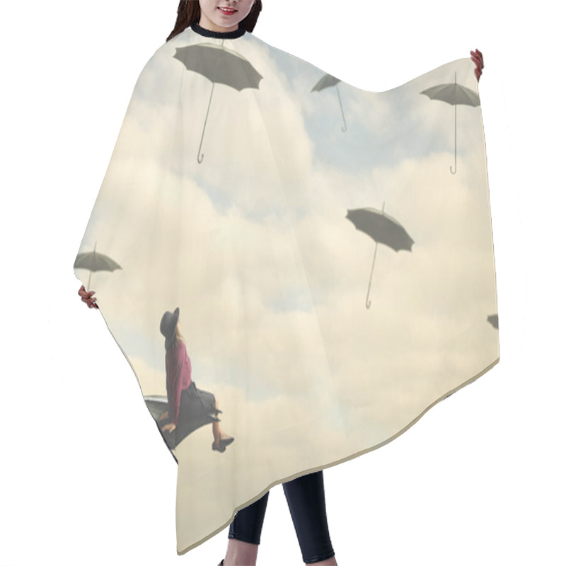 Personality  Woman Sitting On A Flying Umbrella In The Sky Looking At Other Umbrellas, Abstract Concept Hair Cutting Cape