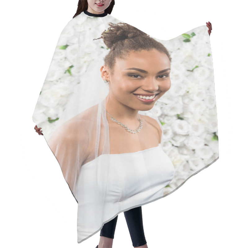 Personality  Happy African American Bride In White Veil Smiling Near Flowers  Hair Cutting Cape