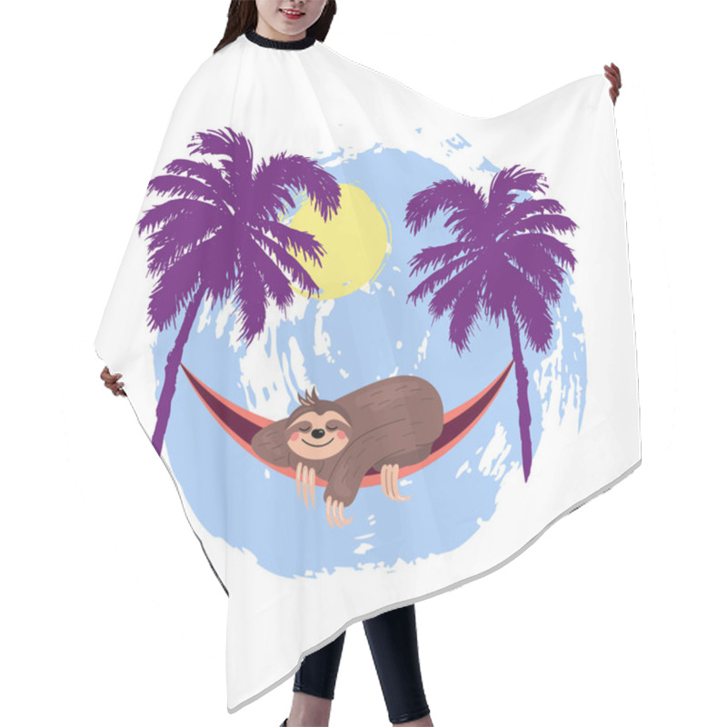 Personality  Cartoon Sloth Is Sleeping In Hammock Under Palm Trees. Summer Time Vector Illustration. Design Element For Vacation, Poster, Banner, Party Invitation, T-shirt Design. Hair Cutting Cape