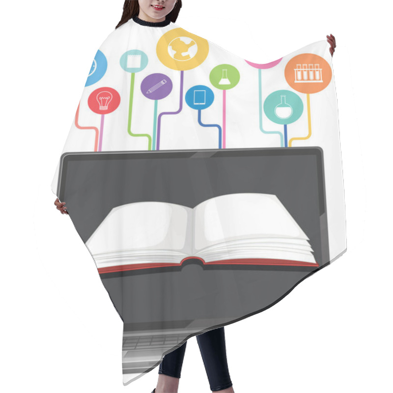 Personality  Open Book On Laptop With Educational Icons Hair Cutting Cape