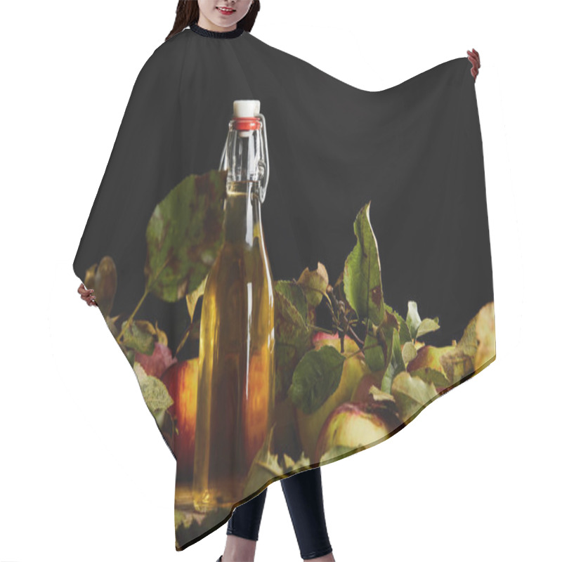 Personality  Bottle Of Fresh Cider Near Ripe Apples And Leaves Isolated On Black Hair Cutting Cape