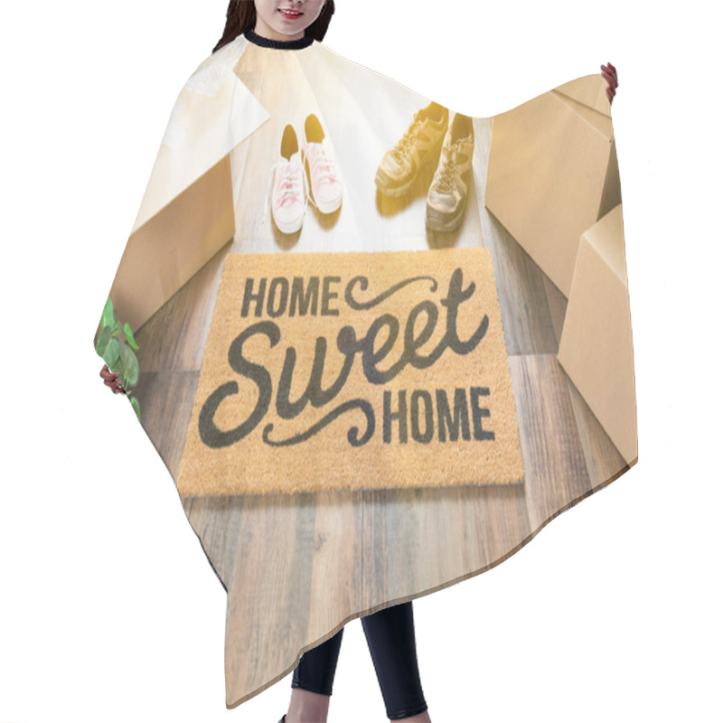 Personality  Home Sweet Home Welcome Mat, Moving Boxes, Women And Male Shoes And Plant On Hard Wood Floors. Hair Cutting Cape