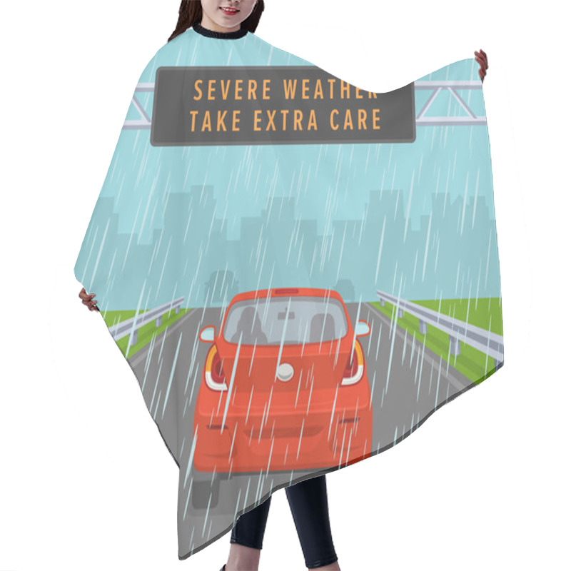 Personality  Red Car Passing Through Warning Led Display At Highway. Rainy Weather Driving Conditions. Back View. Flat Vector Illustration Template. Hair Cutting Cape