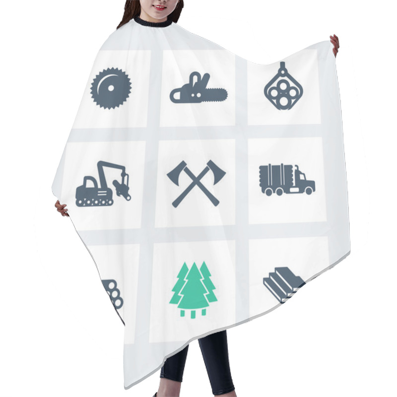 Personality  Logging, Forestry Equipment Icons, Sawmill, Logging Truck, Tree Harvester, Timber, Wood, Lumber, Chainsaw Icons On Squares, Vector Illustration Hair Cutting Cape