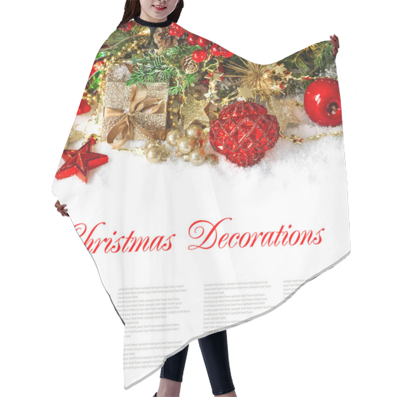 Personality  Christmas Composition With Red Baubles, Golden Decorations, Gift Hair Cutting Cape