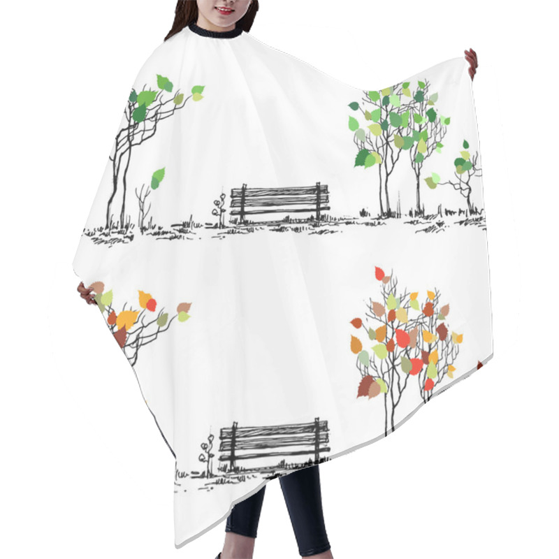 Personality  Park Sketch. Bench And Trees In Different Seasons Hair Cutting Cape