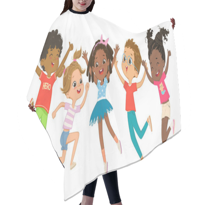 Personality  Multicultural Boys And Girls Play Together, Happily Jumping And Dancing Fun Against The Background. Children Are Having Fun. Colorful Cartoon Characters. Vector Illustrations Hair Cutting Cape