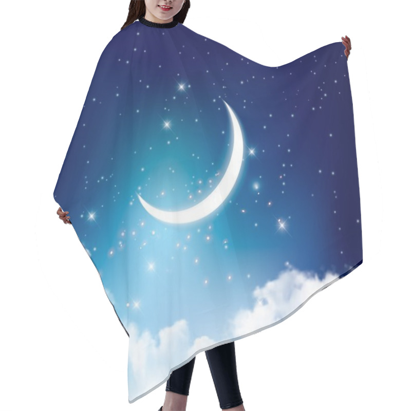 Personality  Night Sky Background With With Crescent Moon, Clouds And Stars.  Hair Cutting Cape