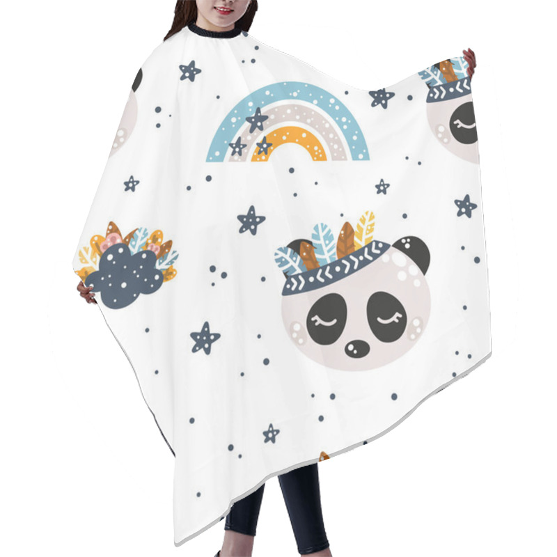 Personality  Cute Nursery Seamless Pattern In Scandinavian Style With Bohemian Elements: Panda, Rainbow, Feathers, Clouds And Stars Vector Illustration For Cute Designs And Prints. Hair Cutting Cape