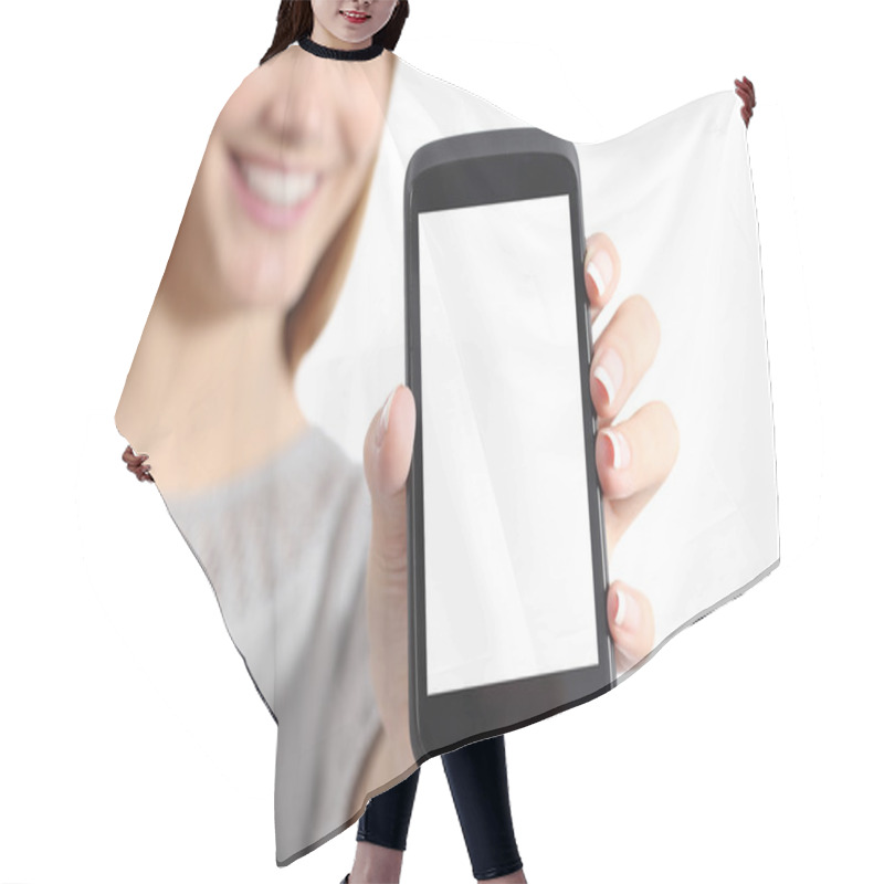 Personality  Close Up Of A Funny Woman Holding A Blank Smart Phone Screen Hair Cutting Cape