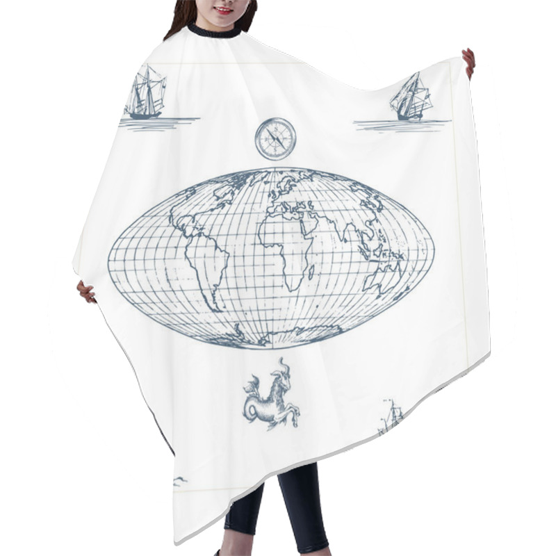 Personality  Graphic Illustration Of Earth Globe Map With Compass And Sea Goat. Drawn Sketches Of Sailing Vessels In Vector. Hair Cutting Cape