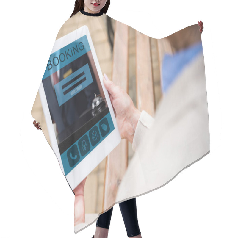 Personality  Selective Focus Of Senior Woman Using Digital Laptop With Booking On Screen Hair Cutting Cape