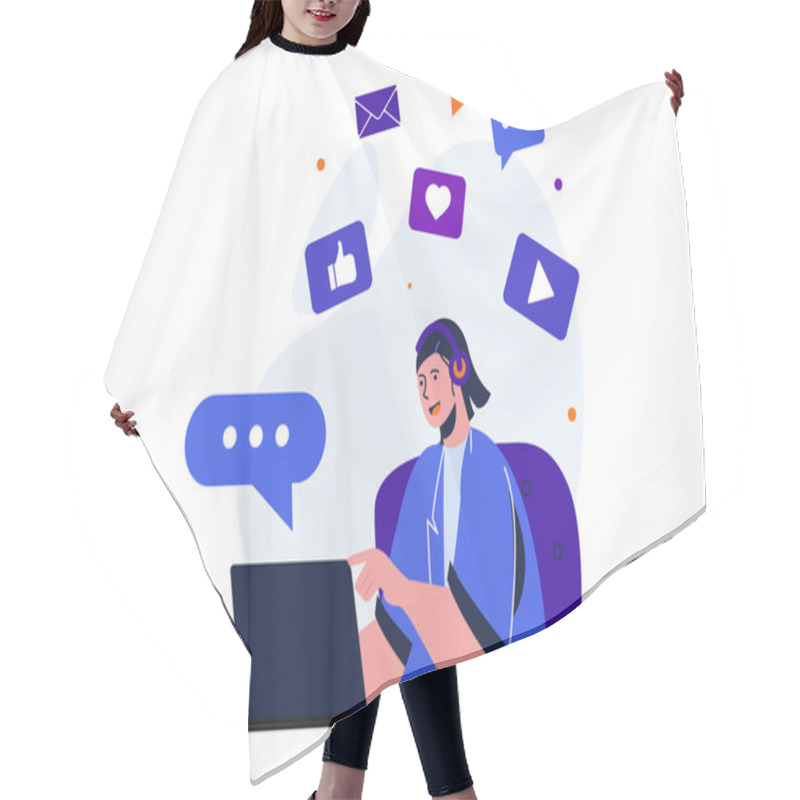 Personality  Social Media Marketing Modern Flat Concept For Web Banner Design. Woman Creates Content, Posts, Communicates With Followers, Collects Likes And Promotes. Vector Illustration With Isolated People Scene Hair Cutting Cape