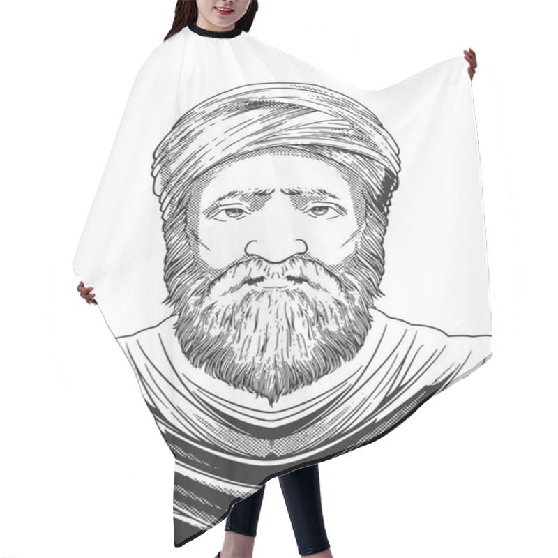 Personality  Ibn Taymiyyah 1263-1328 Hand Drawn Engraving Portrait. Renowned Theologian And Islamic Scholar. Vector Illustration Monochrome Colors. Historical Figure Drawing. Hair Cutting Cape