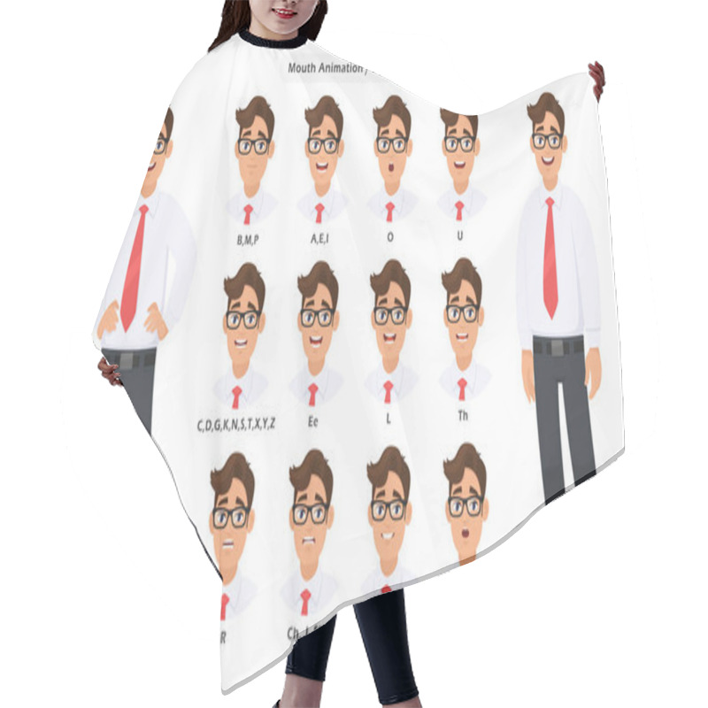 Personality  Lip Sync Collection And Sound Pronunciation For Male Character's Talking/speaking Animation. Set Of The Mouth Animation Pronouncing Words For Standing Businessman Poses In White Background. Hair Cutting Cape