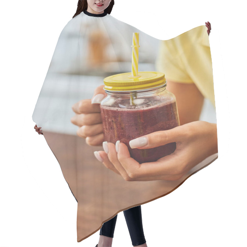 Personality  Cropped View Of Woman With Refreshing Smoothie In Mason Jar With Straw, Plant-based Diet Concept Hair Cutting Cape