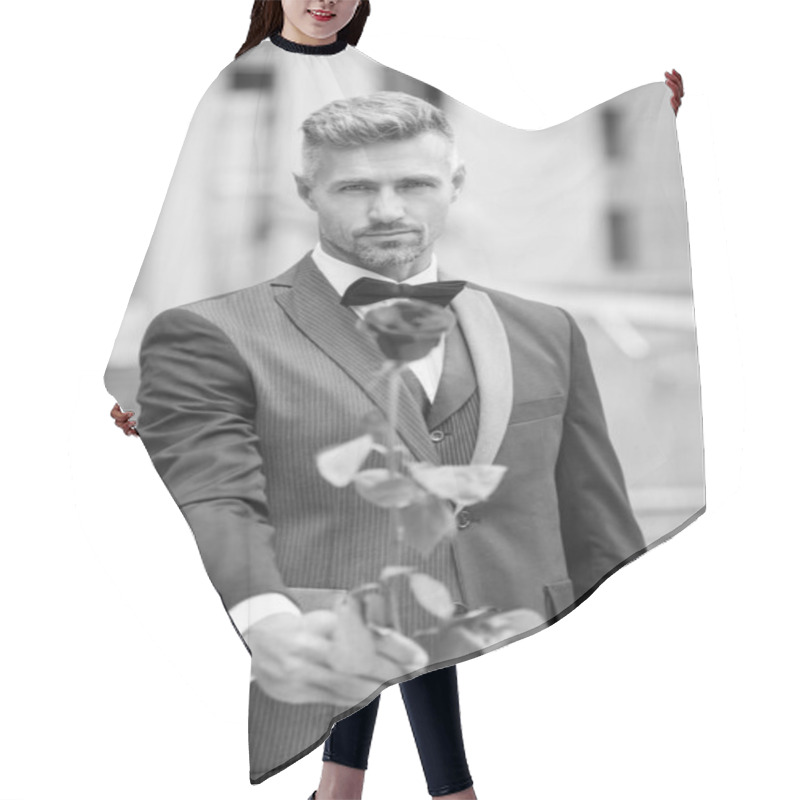 Personality  Engagement Concept. Tuxedo Man Celebrating Engagement. Man With Rose Gift For Engagement. Selective Focus. Hair Cutting Cape