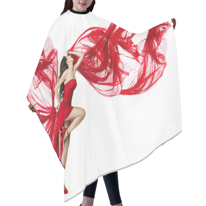 Personality  Woman Red Dress Flying On Wind Flow Dancing On White, Fashion Model Hair Cutting Cape