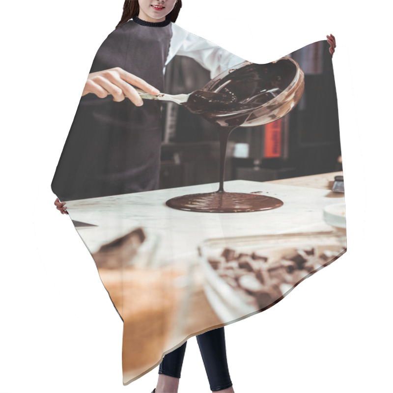 Personality  Selective Focus Of Chocolatier Pouring Melted Chocolate On Marble Surface  Hair Cutting Cape