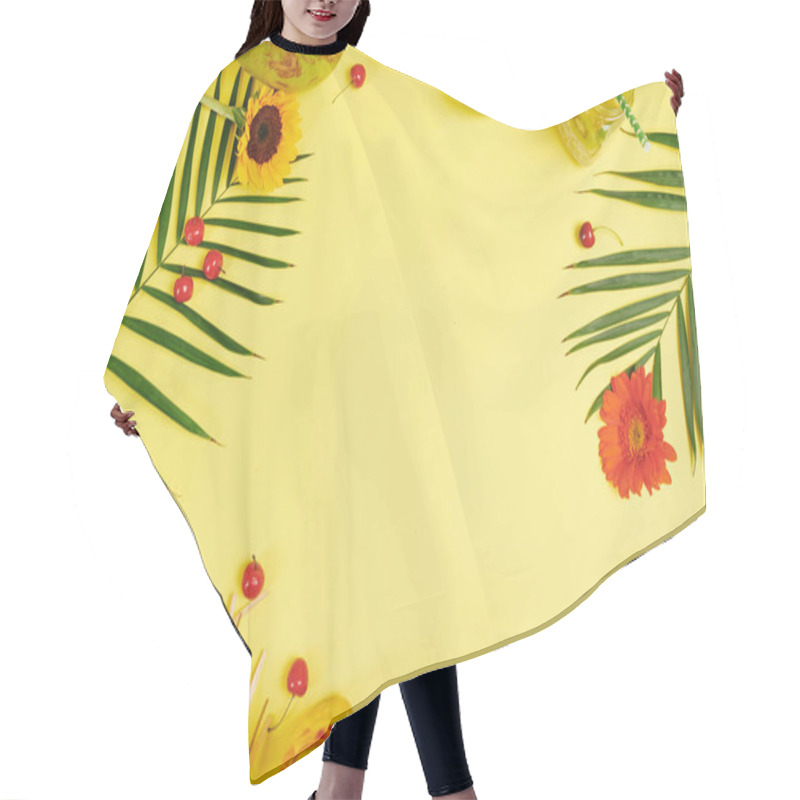 Personality  Fruits Flowers Cold Juice And Leaves Of Palm On Yellow Background Hair Cutting Cape