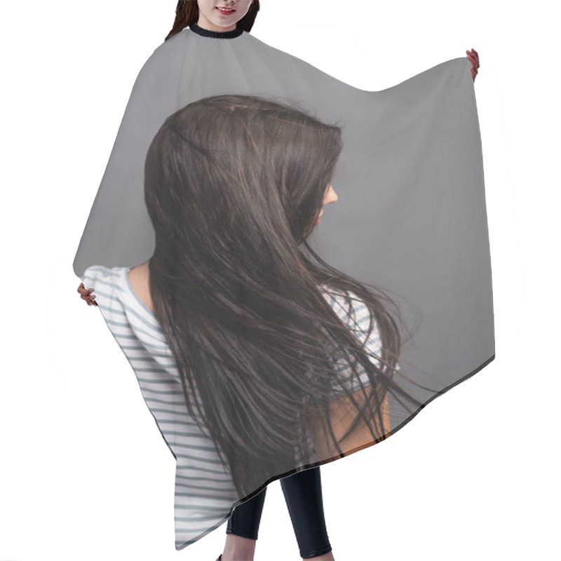 Personality  Back View Of Wind Blowing Through Hair Of Brunette Woman Isolated On Black Hair Cutting Cape