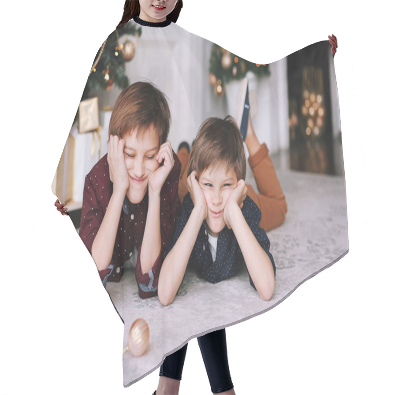 Personality  Handsome Little Boys. Funny Children Next To The  Christmas Tree Playing And Having Fun Together Hair Cutting Cape