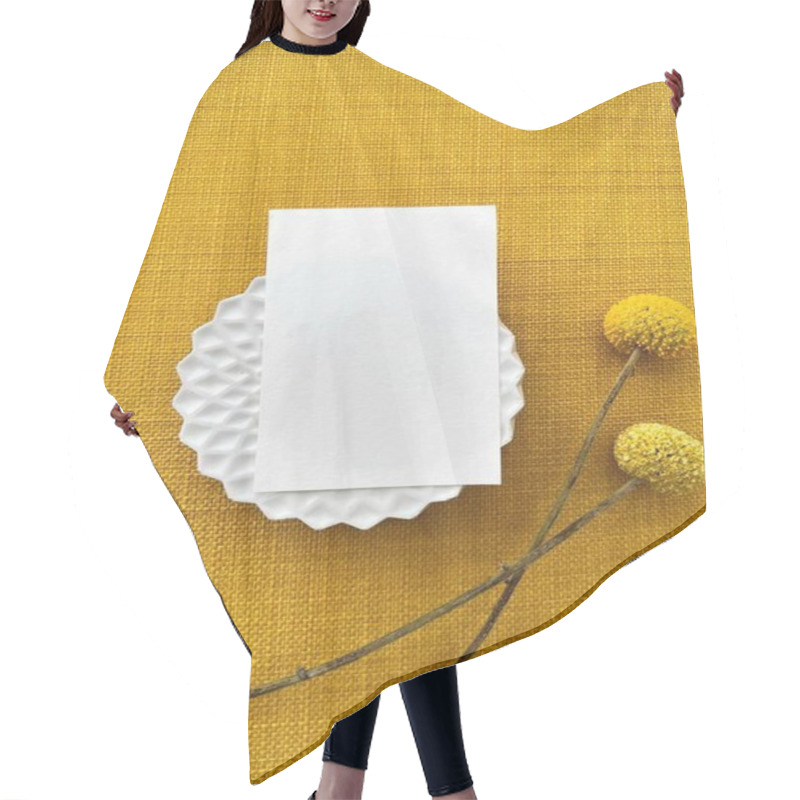 Personality  Elegant Blank Card On A Textured Yellow Background With Decorative Floral Accents. Hair Cutting Cape