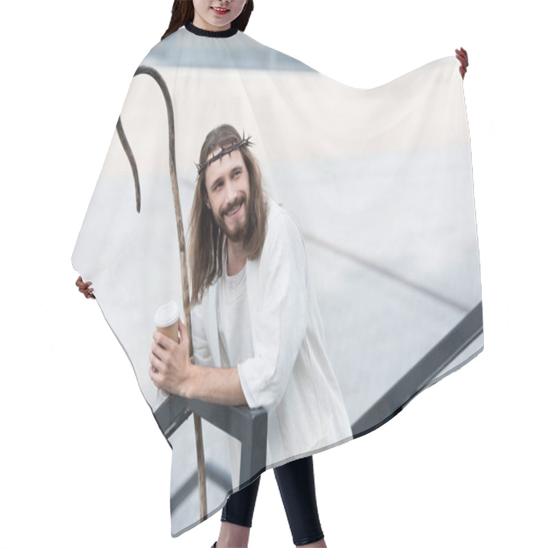 Personality  Smiling Jesus In Robe And Crown Of Thorns Holding Disposable Coffee Cup And Leaning On Railing On Street Hair Cutting Cape