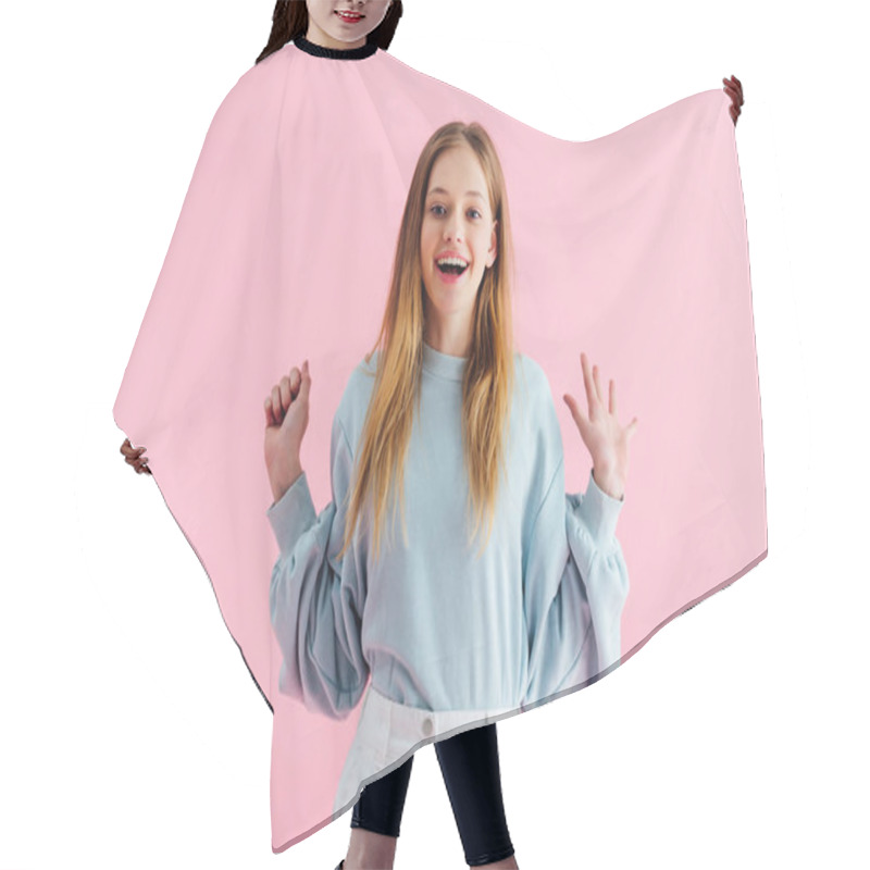 Personality  Happy Pretty Teenage Girl Looking At Camera Isolated On Pink Hair Cutting Cape